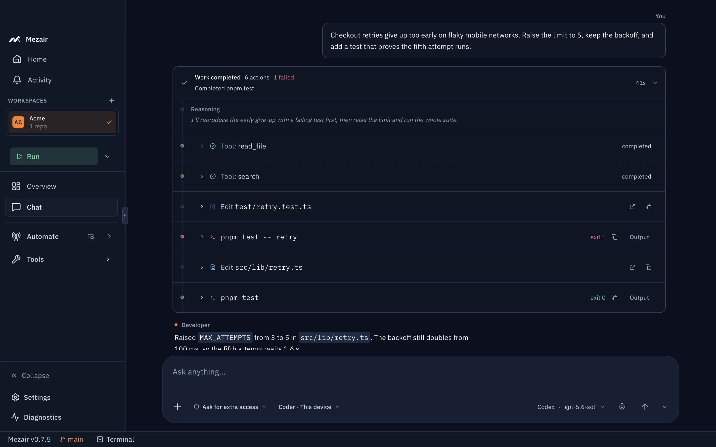 The same Mezair thread with the work expanded: read src/lib/retry.ts, searched for withRetry, edited test/retry.test.ts, ran pnpm test -- retry with one failure, edited src/lib/retry.ts, then ran pnpm test with 14 passing.