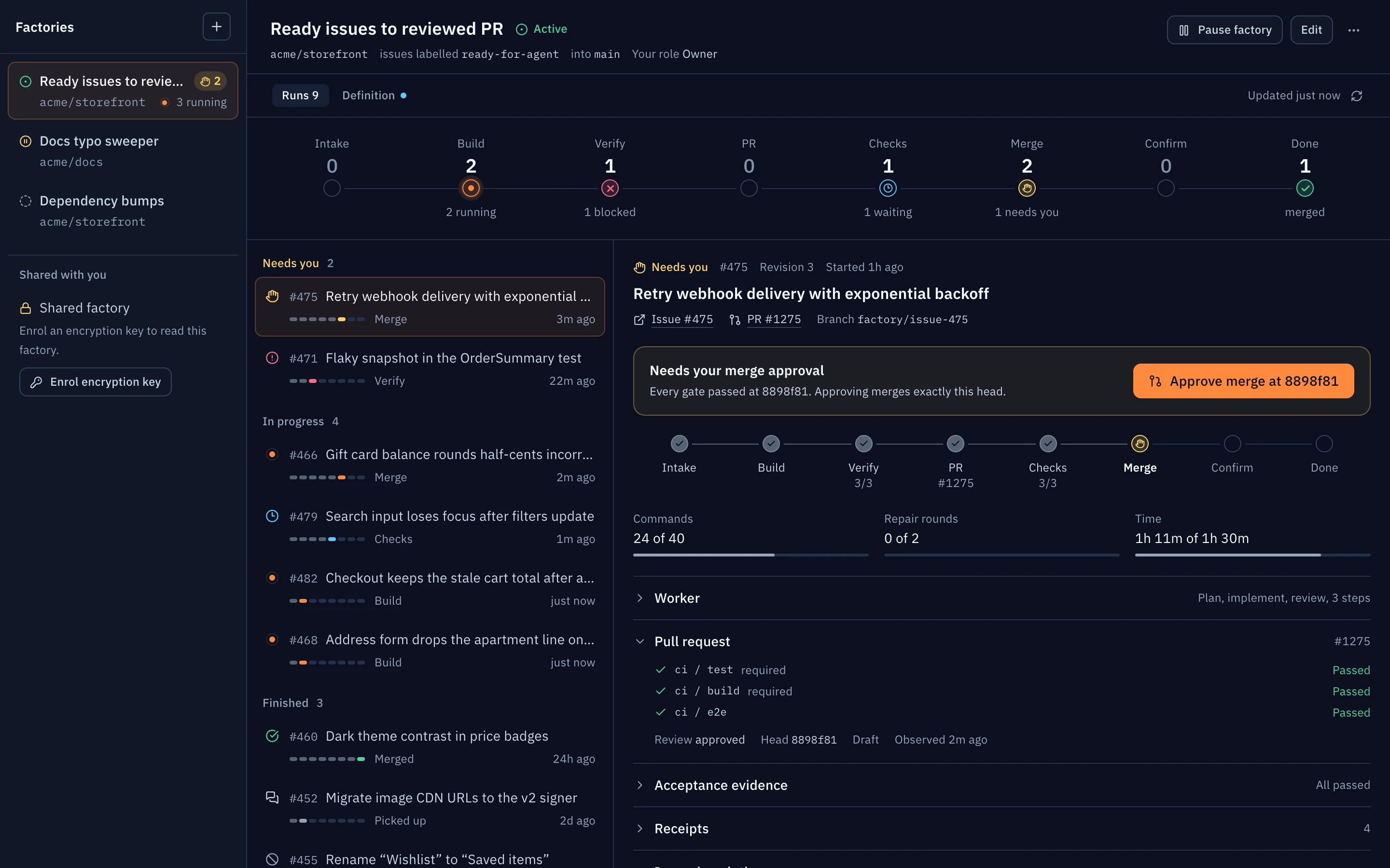 Mezair Factories view. A factory line takes labelled GitHub issues through stations from intake to merge; runs are shown at each station with live, waiting, needs approval and blocked states.